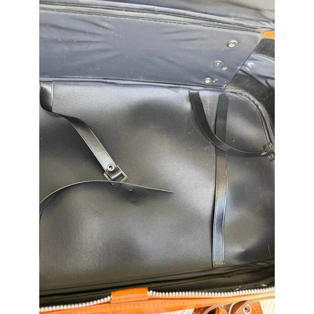 vintage 1970s tan faux-leather carry on suitcase luggage 70s jet set masculine